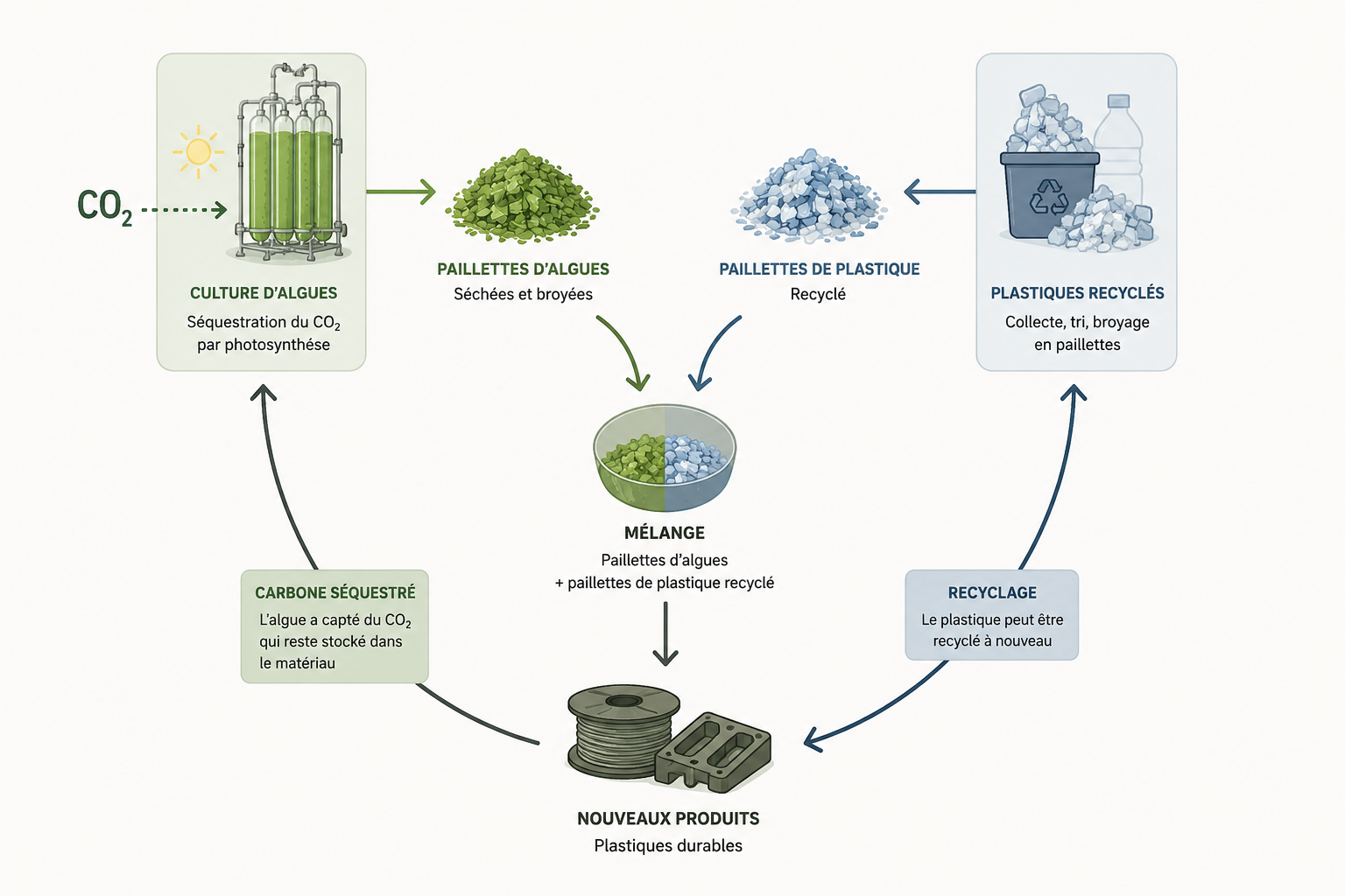 Schéma de cycle mêlant paillettes d’algues, plastique recyclé et carbone séquestré